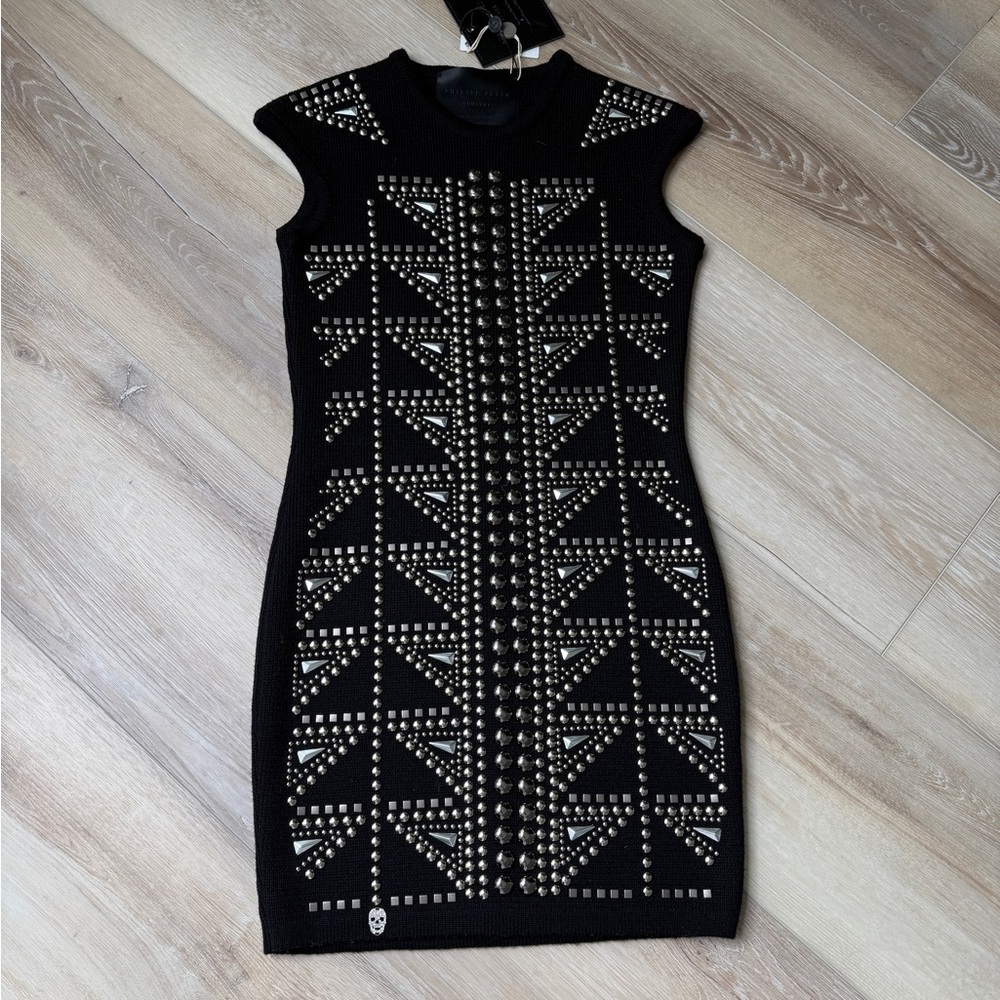 Philipp Plein Studded Knit Black Mini Dress |Black Embellished - Size S